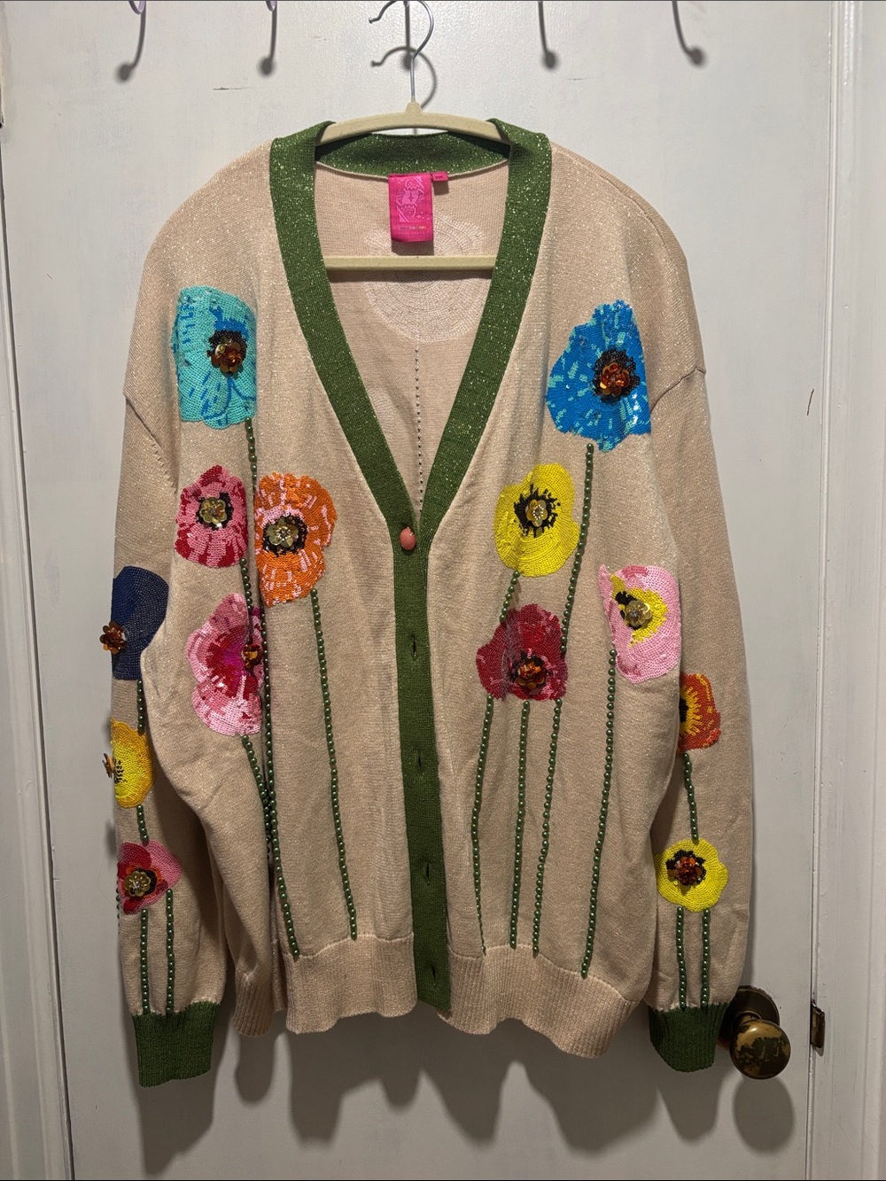 QUEEN OF SPARKLES Poppy flower sequin beaded cardigan sweater size XXL